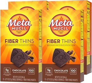 Metamucil Fiber Thins, Daily Psyllium Husk Fiber Supplement, Supports Digestive Health and Satisfies Hunger, Chocolate Flavor, 48 Total Servings (4 Packs of 12)