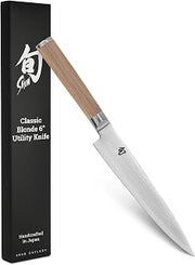 Shun Classic Blonde 6" Utility Knife | Handcrafted Japanese Kitchen Knife, Precision and Sharpness, VG-MAX Core, Damascus Stainless Steel Cladding, Pakkawood Handle