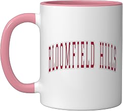 Bloomfield Hills Michigan Souvenir College Style Red Text Ceramic Mug, Pink/White