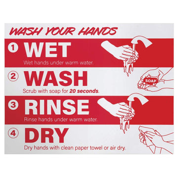 Red and White Removable Vinyl Proper Hand Washing Decal - 11"W x 8 1/2"H by HUBERT – Vinyl, Red, Model KNV-SLT