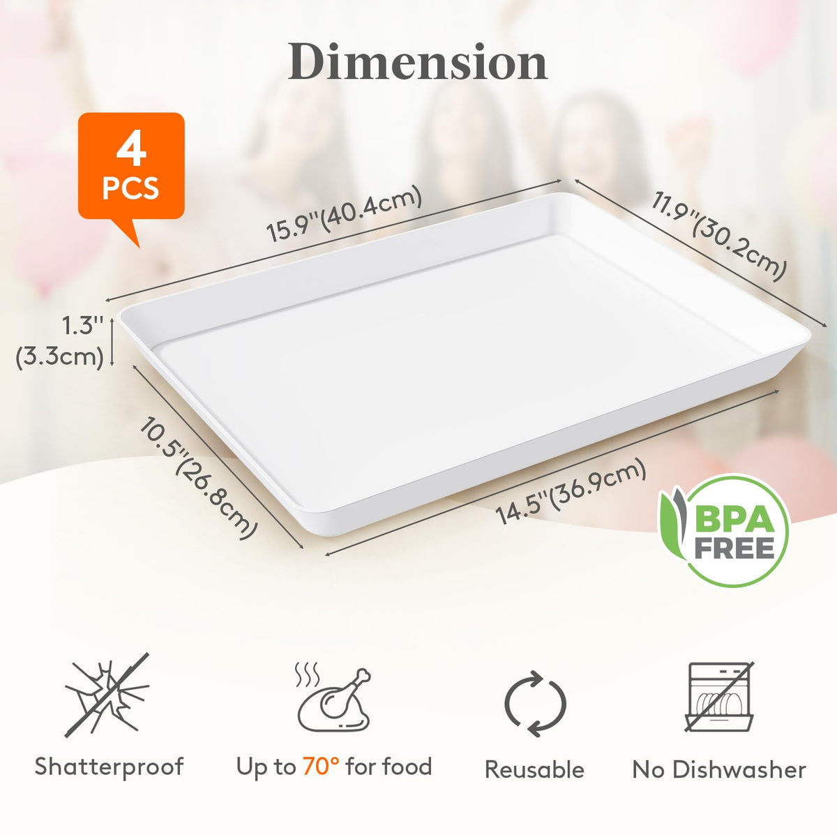 Lifewit Plastic Serving Trays, 16 x 12 Inch, Set of 4, White