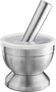 Westmark Mortar with Lid, Diameter: 10 cm, Weight: 0.8 kg, with Pestle, Stainless Steel/Plastic, Stainless Steel, Silver/Transparent, 69582260