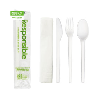 Utensil Cutlery Kits (Fork by Responsible Products – Fork, Knife, Spoon, Napkin (250 Count), Plastic, White, Pack of 250, Model RP-CPLAKIT-250