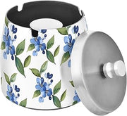 Blue Flowers Green Leaves Pattern Splash Ashtray with Lid, Outdoor Ashtrays for Patio