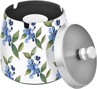 Blue Flowers Green Leaves Pattern Splash Ashtray with Lid, Outdoor Ashtrays for Patio