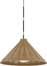 Troy Lighting Devlin 1-Light Outdoor Pendant | Bronze Finish | Natural Faux Wicker Shade | Opal Matte Acrylic Globe | All-Weather Patio Ceiling Light | 28" W x 19" H | F3328-BRZ