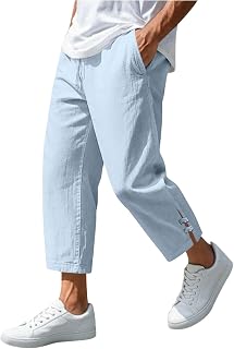 Mens Linen-Like Pants Casual Elastic Drawstring Solid Summer Joggers