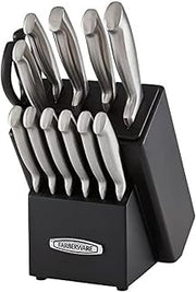 Farberware Self-Sharpening Knife Block Set, 13-Piece Kitchen Knife Set with EdgeKeeper Technology, High-Carbon Stainless Steel Blades, Ergonomic Hollow Handles, Black Wood Block