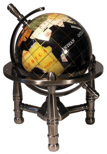 Unique Art 6-Inch by Black Onyx Ocean Mini Table Top Gemstone World Globe with Silver Tripod by Unique Art Since 1996 – Gemstone, Resin, Zinc, Black, Model 80-GT-BLACK-SILVER