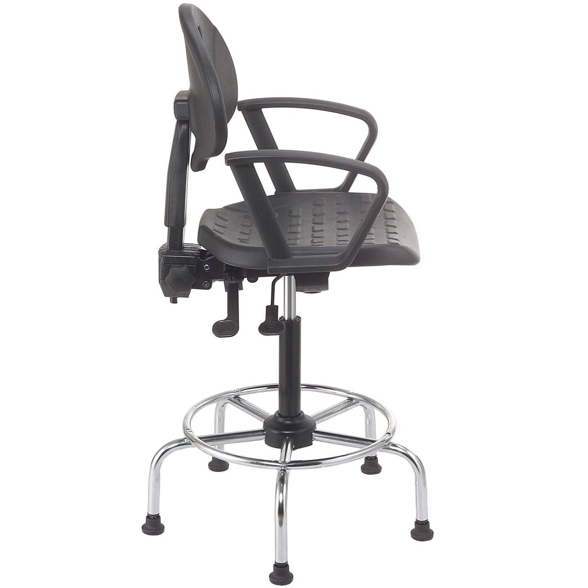 4 Way Adjustable Stool with Chrome Base & Armrests by Global Industrial – 24 inches x 24.5 inches x 9.5 inches, Polyurethane, Black, Model A203TC+19C2ARM