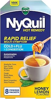 Vicks NyQuil Hot Remedy Powder Drink Mix, Rapid Relief Cold & Flu + Congestion, Honey Lemon Flavor, 8 Count