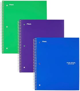 Five Star Spiral Notebooks, 1 Subject, Wide Ruled Paper, 100 Sheets, 10-1/2" x 8", Blue, Green, Purple, 3 Pack (38222)