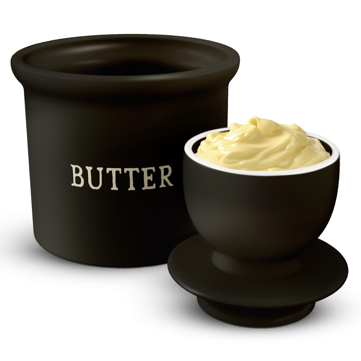 KooK Butter Keeper, Ceramic Crock with Bell Lid, Black