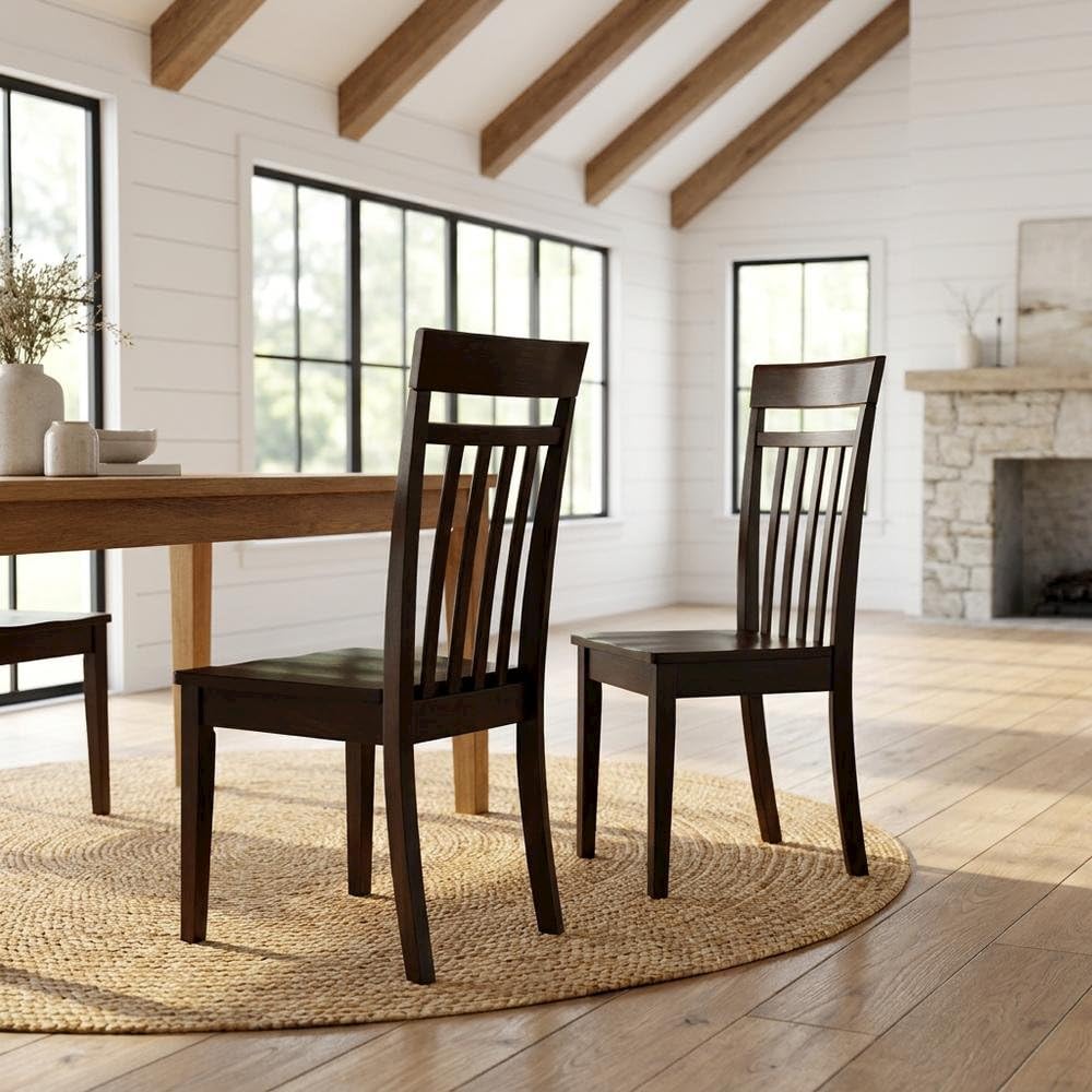 Solid Wood Slat-Back Dining Chairs with Wood Seat by Furnifact – Wood, Brown, Pack of 2