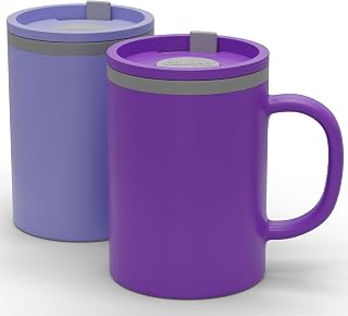 Copco Iconic 16oz Double Wall Insulated Desk Mug with Lid & Handle, Set of 2, BPA-Free Reusable Plastic, Spill-Resistant, Microwave & Dishwasher Safe, Wide Mouth (Purple/Light Purple)