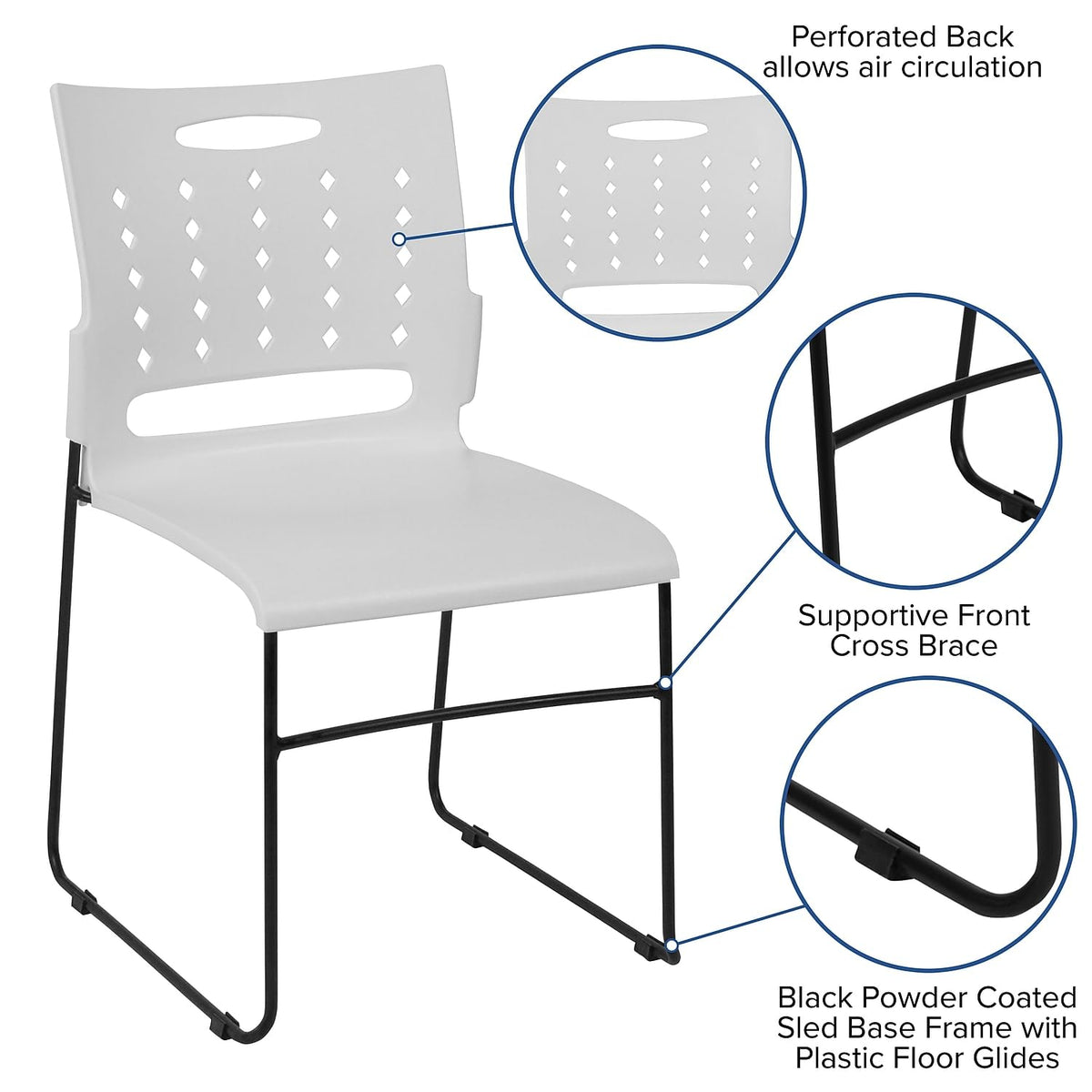HERCULES Series 881 lb. Capacity White Sled Base Stack Chair with Air-Vent Back by Flash Furniture – Set of 1, Alloy Steel, White, Model RUT-2-WH-GG