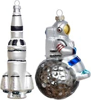 Blown Glass Rocket and Astronaut on Moon Ornament for Christmas Tree | Spaceman on Moon and Rocket Christmas Ornament