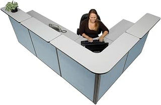 Global Industrial 116"W x 80"D x 44"H L-Shaped Reception Station, Gray Counter/Blue Panel