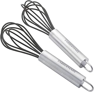 Farberware Professional Silicone Mini Whisk Set – Pack of 2 Heat-Resistant Egg Beaters for Sauces, Batters & Whipping, 7" & 9" Stainless Steel Handles, Non-Stick Design for Baking & Cooking (Black)