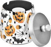 Pumpkin Spider Web Bat Pattern Splash Ashtray with Lid, Outdoor Ashtrays for Patio