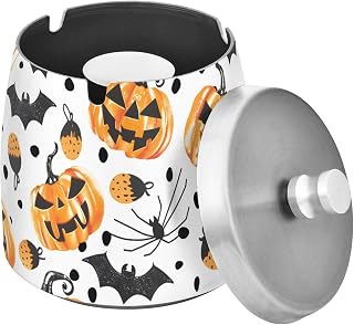 Pumpkin Spider Web Bat Pattern Splash Ashtray with Lid, Outdoor Ashtrays for Patio