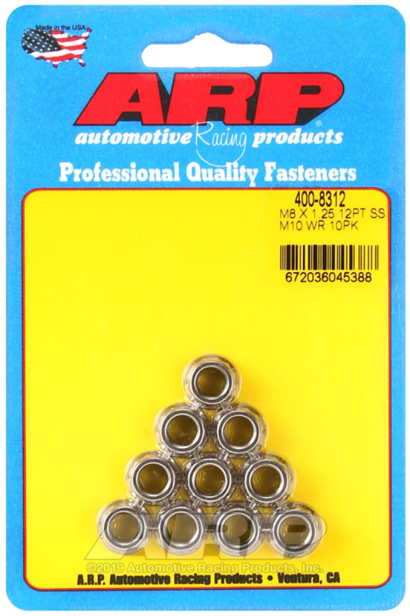 Nut Kit (M8 X 1.25 SS M10 socket 12pt nut) by ARP – Stock, Stainless Steel, Silver, Model 400-8312