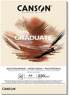 Canson Graduate Mixed Media 200gsm A4 Paper, Double Sided: Grained and Smooth, Pad Glued Short Side, 30 Natural Sheets, Ideal for Student Artists