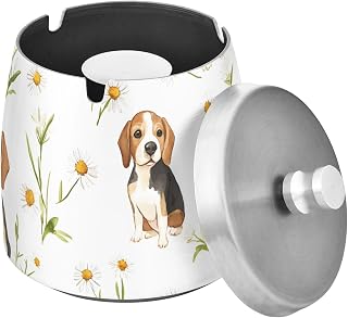 Watercolor Beagles Daisies Splash Ashtray with Lid, Outdoor Ashtrays for Patio