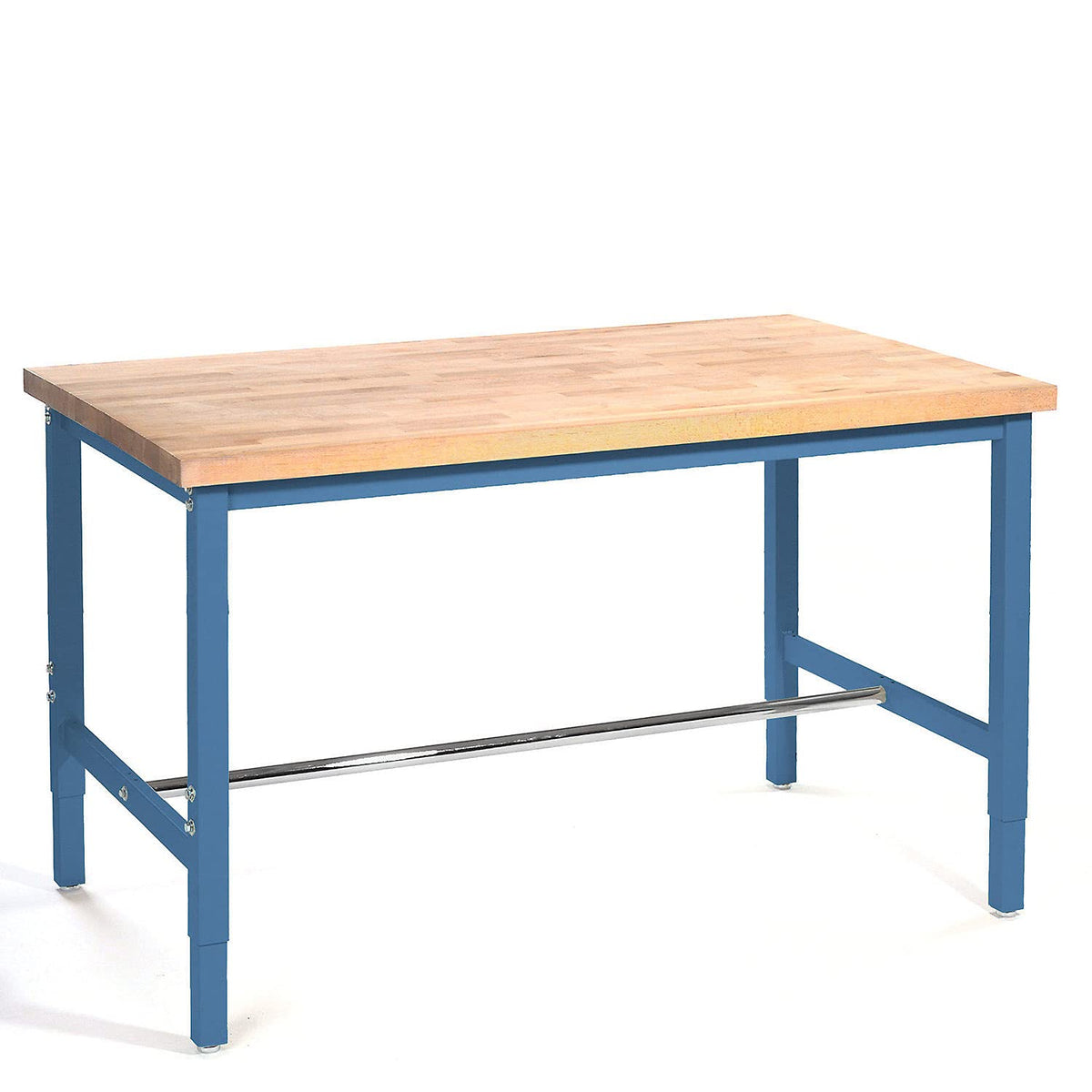 Adjustable Height Production Workbench by Global Industrial – 36"L x 60"W x 5"H, Maple, Blue, Model 606985BL