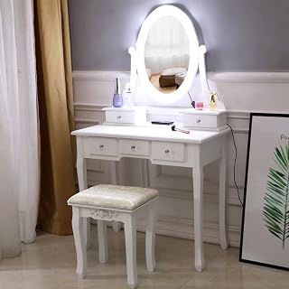 Tocador Con Espejo y Luces LED Mesa de Maquillaje Con 10 Bombillas 4 Cajones y Taburete Acolchado Blanco