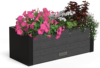 Mayne Horizon 24in Rectangular Window Box Planter, Charcoal | All season, Fade resistant, Mounting brackets included, Woodgrain finish, Built-in overflow, 10-year warranty
