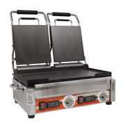 10″ X 18″ DOUBLE PANINI GRILL WITH TOP AND BOTTOM SMOOTH GRILL SURFACE WITH TIMER by Omcan – Cast Iron, Stainless Steel, Model 42913