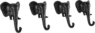 Danya B 4 Piece Black Cast Iron Elephant Head with Trunk Decorative Wall Sculpture Figure Utility Hook Set