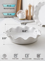 Le Tauci Ceramic Pie Dish, 11 Inch Deep Dish with Ruffled Rim, Set of 2, White