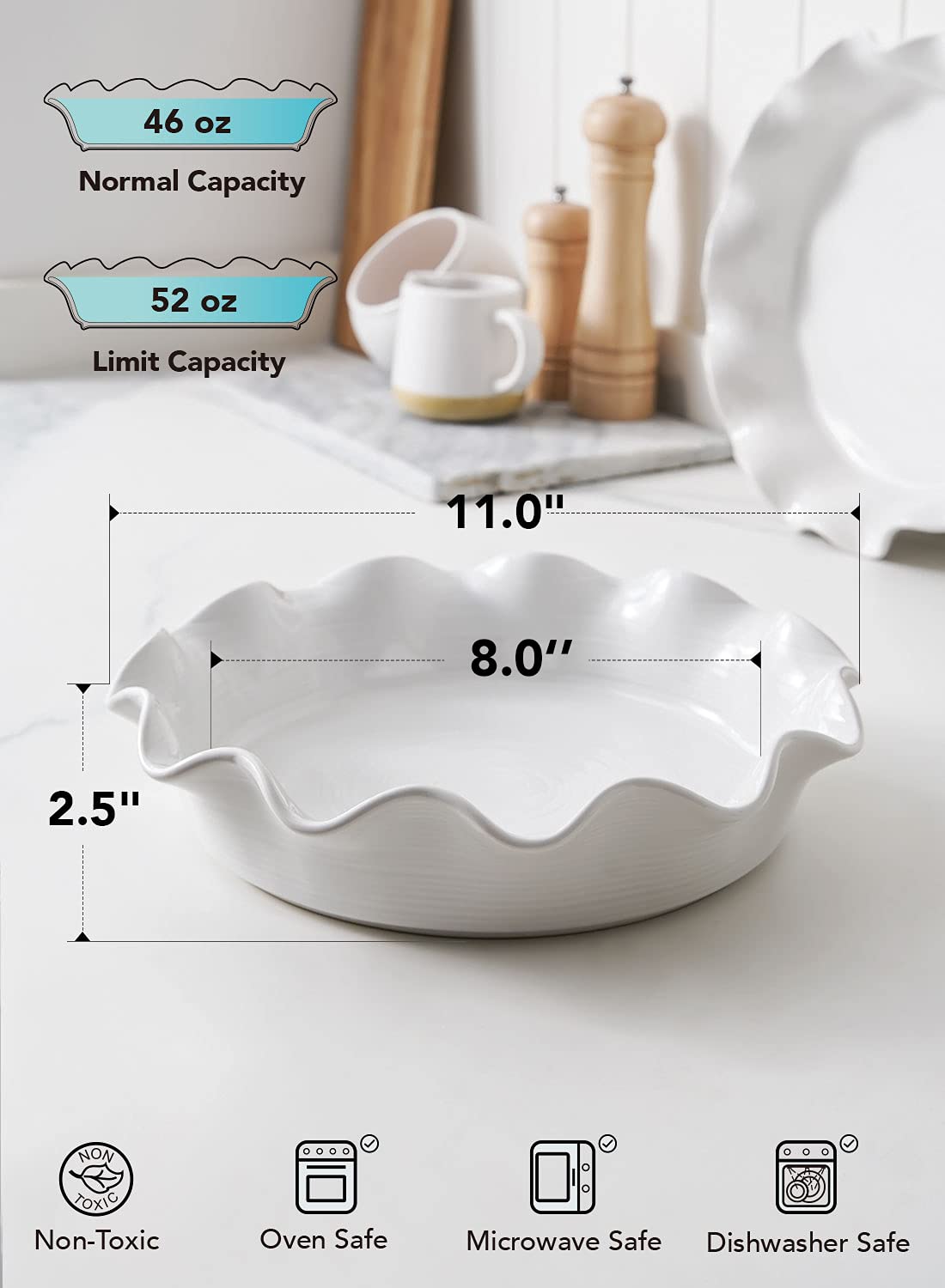 Le Tauci Ceramic Pie Dish, 11 Inch Deep Dish with Ruffled Rim, Set of 2, White