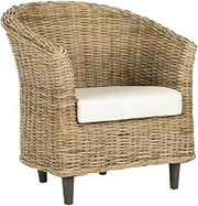 Brown Rattan Barrel Chair, Patio Outdoor Dining Seating, Foam-Filled Cushioned Armrests, Mango Wood Frame, Weather-Resistant