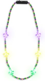 Windy City Novelties - LED Light Up Mardi Gras Bead Necklace - 3 Dynamic Light Modes - Purple, Green & Gold Festive Colors