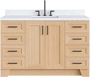 ARIEL Taylor 54-inch Bathroom Vanity with Sink,Solid Wood, 1.5-inch Carrara White Quartz Countertop, Single Rectangular Porcelain Sink, Soft Closing Doors, Dovetail Drawers, Natural Oak