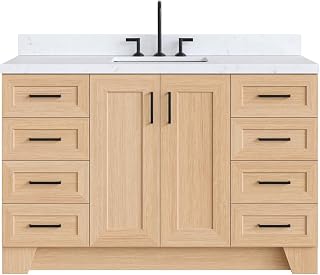 ARIEL Taylor 54-inch Bathroom Vanity with Sink,Solid Wood, 1.5-inch Carrara White Quartz Countertop, Single Rectangular Porcelain Sink, Soft Closing Doors, Dovetail Drawers, Natural Oak