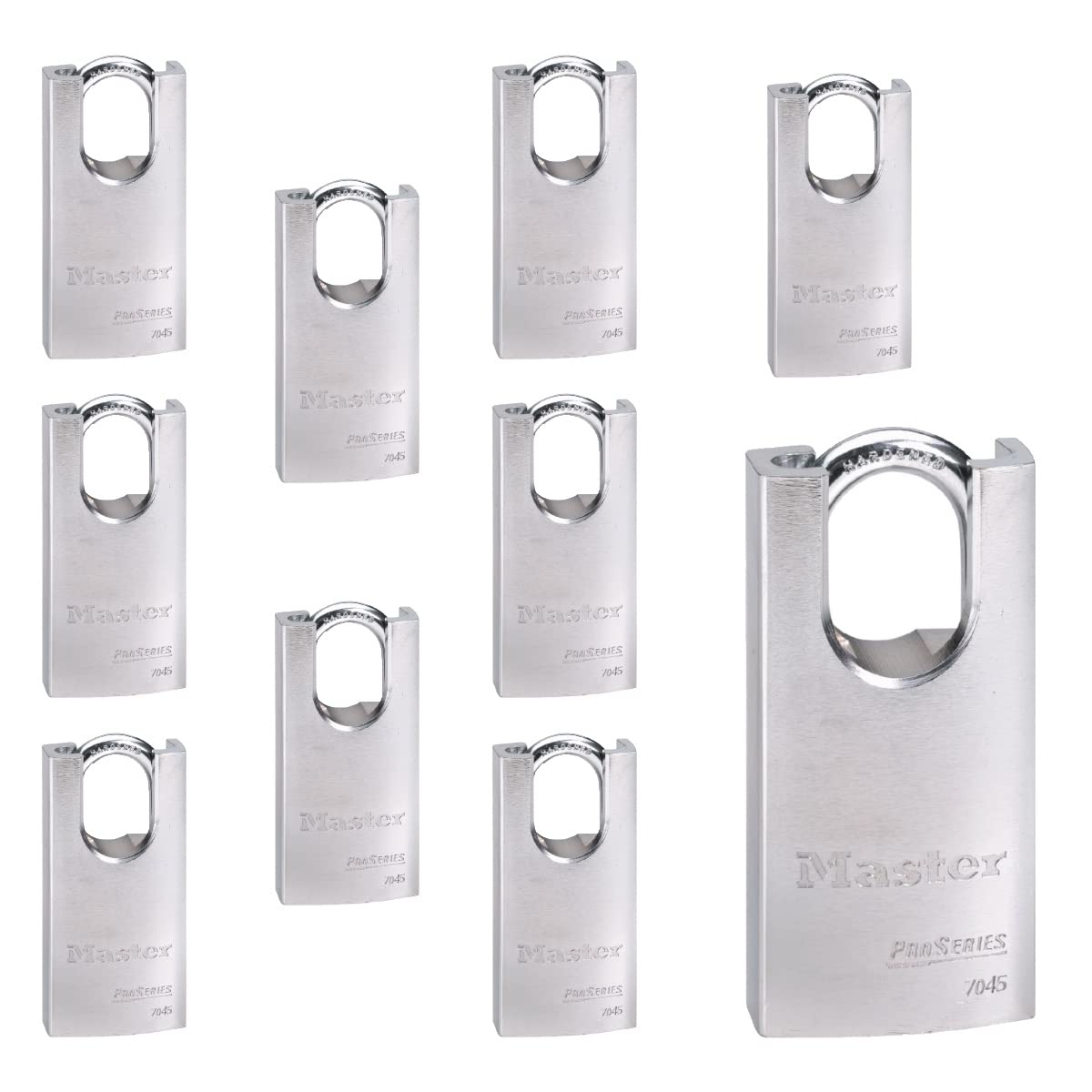 Ten (10) High Security Pro Series Padlocks w/ 20 Keys by Master Lock – 10 Pack, Chrome, Model 7045NKA-10