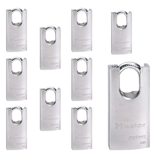 Ten (10) High Security Pro Series Padlocks w/ 20 Keys by Master Lock – 10 Pack, Chrome, Model 7045NKA-10