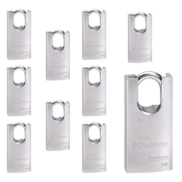 Ten (10) High Security Pro Series Padlocks w/ 20 Keys by Master Lock – 10 Pack, Chrome, Model 7045NKA-10