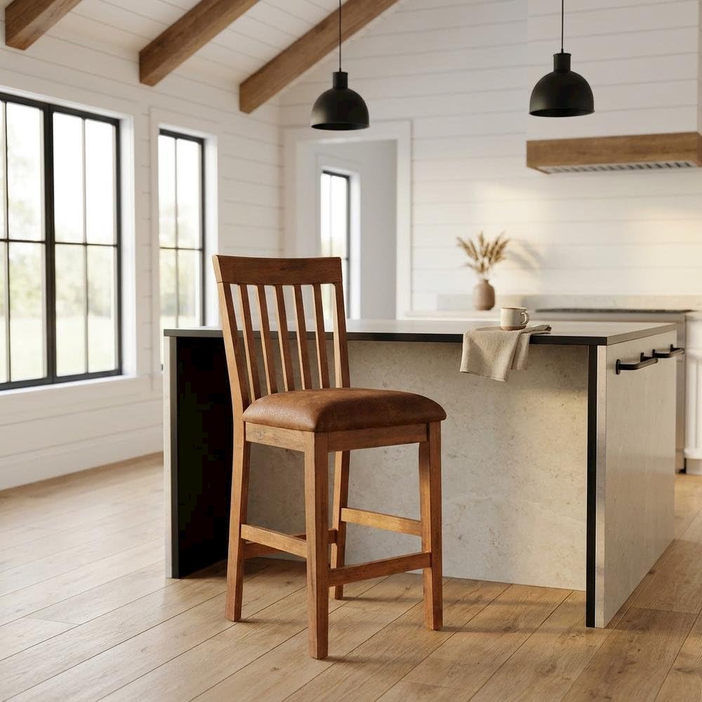 Light Brown Slatback Barstool Set by Starlight Canyon Home – Solid Wood, Mindi, Sinkai, Brown, Pack of 2