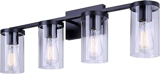 Canarm Twin Lakes 4-Light Vanity Light – Modern Style with Clear Glass Shades, 100W Type A, 28" Wide, Matte Black Finish, Above Mirror Bathroom Lighting