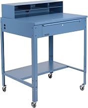 Global Industrial 34-1/2"W x 30"D x 38"H Mobile Shop Desk with Pigeonhole Compartment Riser Flat Surface, Blue