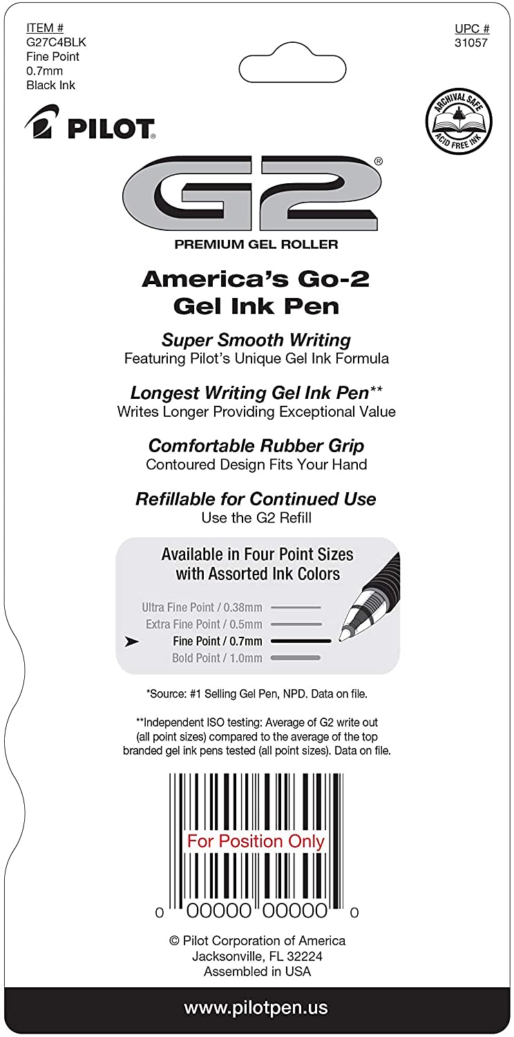 G2 Premium Gel Pens by PILOT – 4 Count (Pack of 1), Plastic, Black, Model FBA_31057
