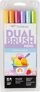 Tombow 56240 Dual Brush Pen Art Markers, Yay Sorbet, 6-Pack. Brush/Fine Tip