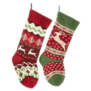 Kurt Adler Knit Reindeer Stocking, 20 Inches, Red Green Ivory, Set of 2