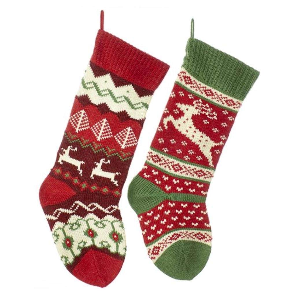 Kurt Adler Knit Reindeer Stocking, 20 Inches, Red Green Ivory, Set of 2
