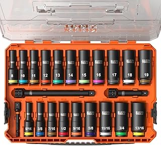 KLEIN TOOLS 65121IMPCT KNECT Deep-Well 3/8-Inch Drive Impact Socket Set, SAE and Metric, 23-Piece Tool Set, Impact Driver Adapter, Multi-Purpose Wrench Adapter, Color-Coded, MODbox Socket Organizer